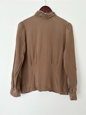 100% Silk High-Neck Long-Sleeve Blouse in Taupe